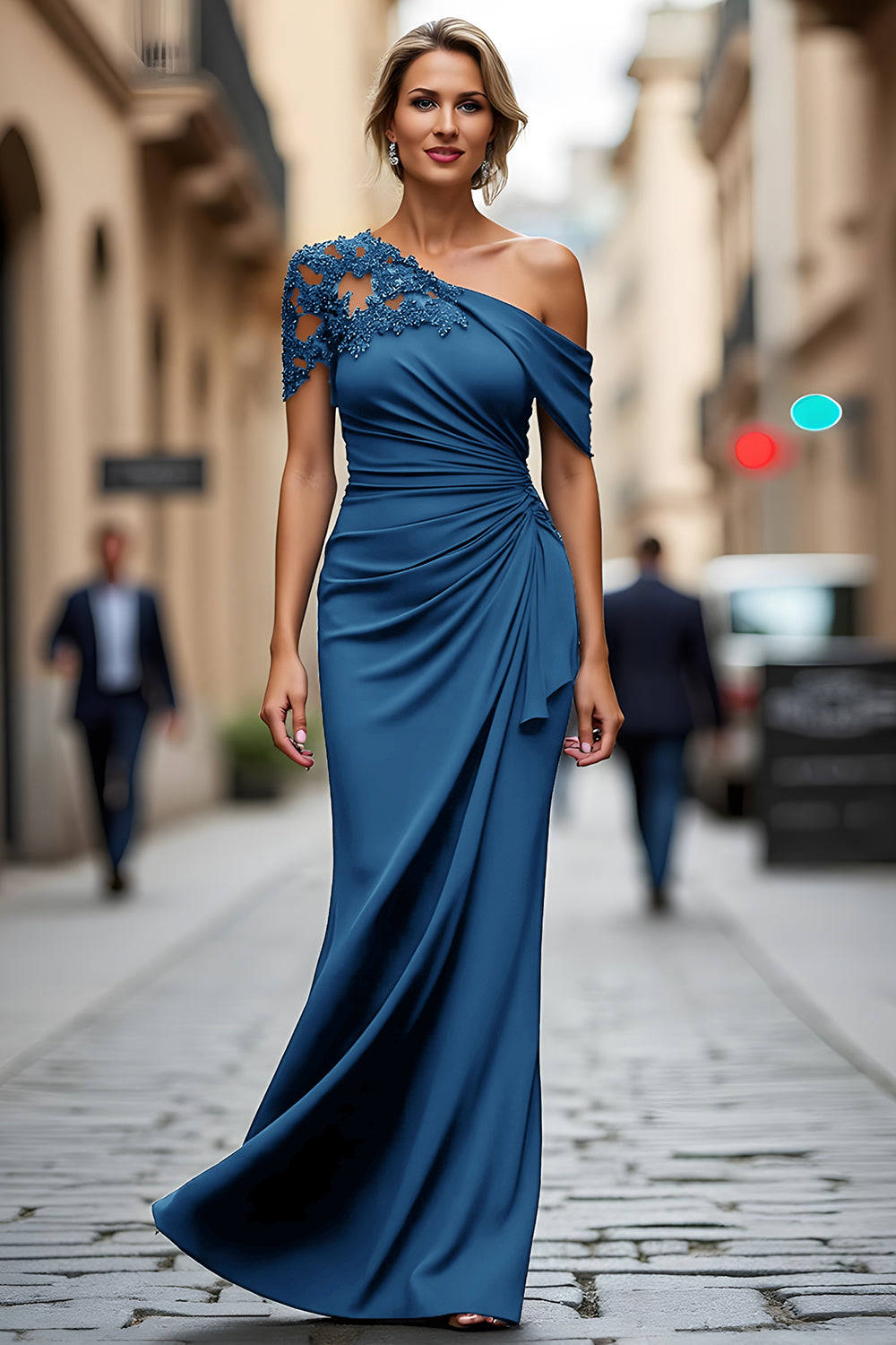 One Shoulder Black Mermaid Appliqued Mother Of The Bride Dress