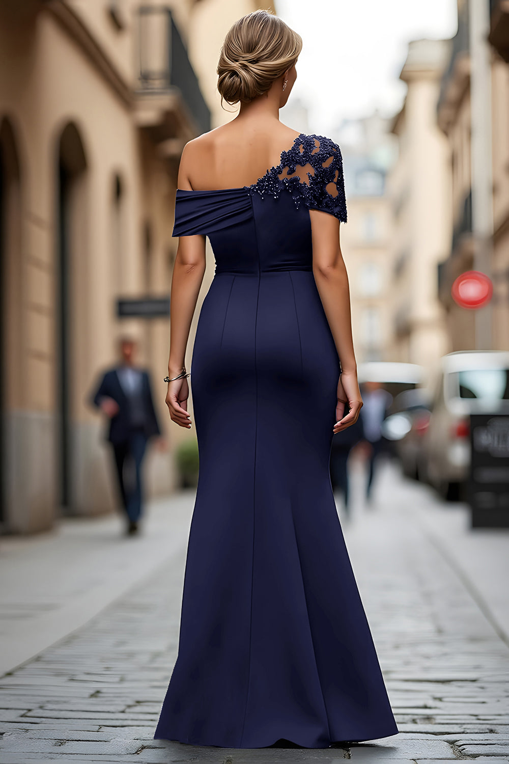 One Shoulder Black Mermaid Appliqued Mother Of The Bride Dress