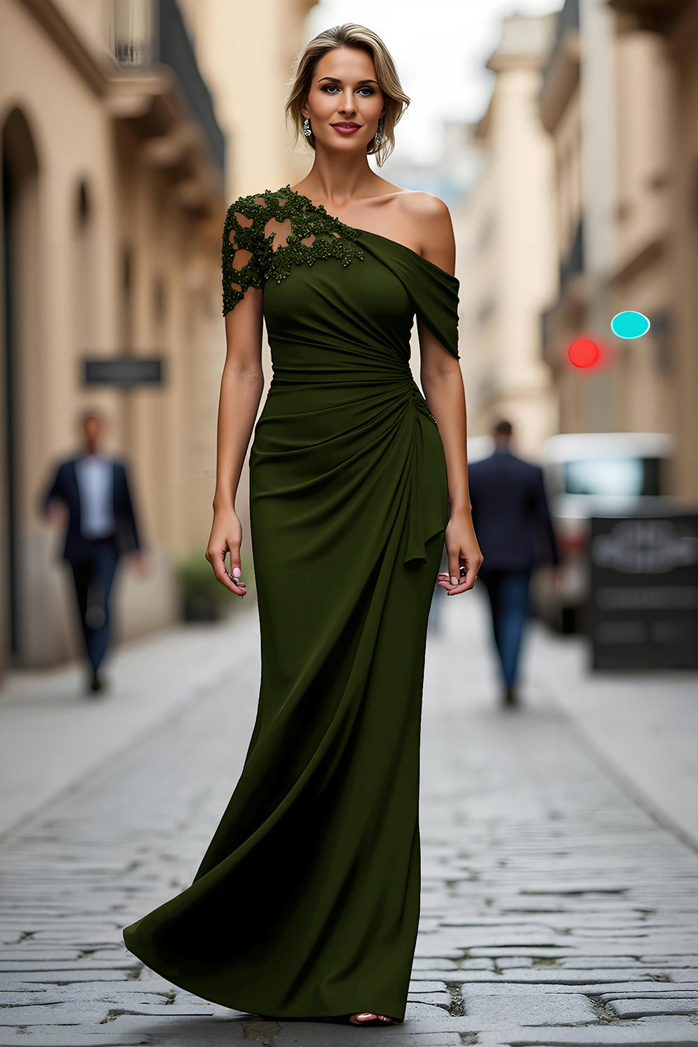 One Shoulder Black Mermaid Appliqued Mother Of The Bride Dress