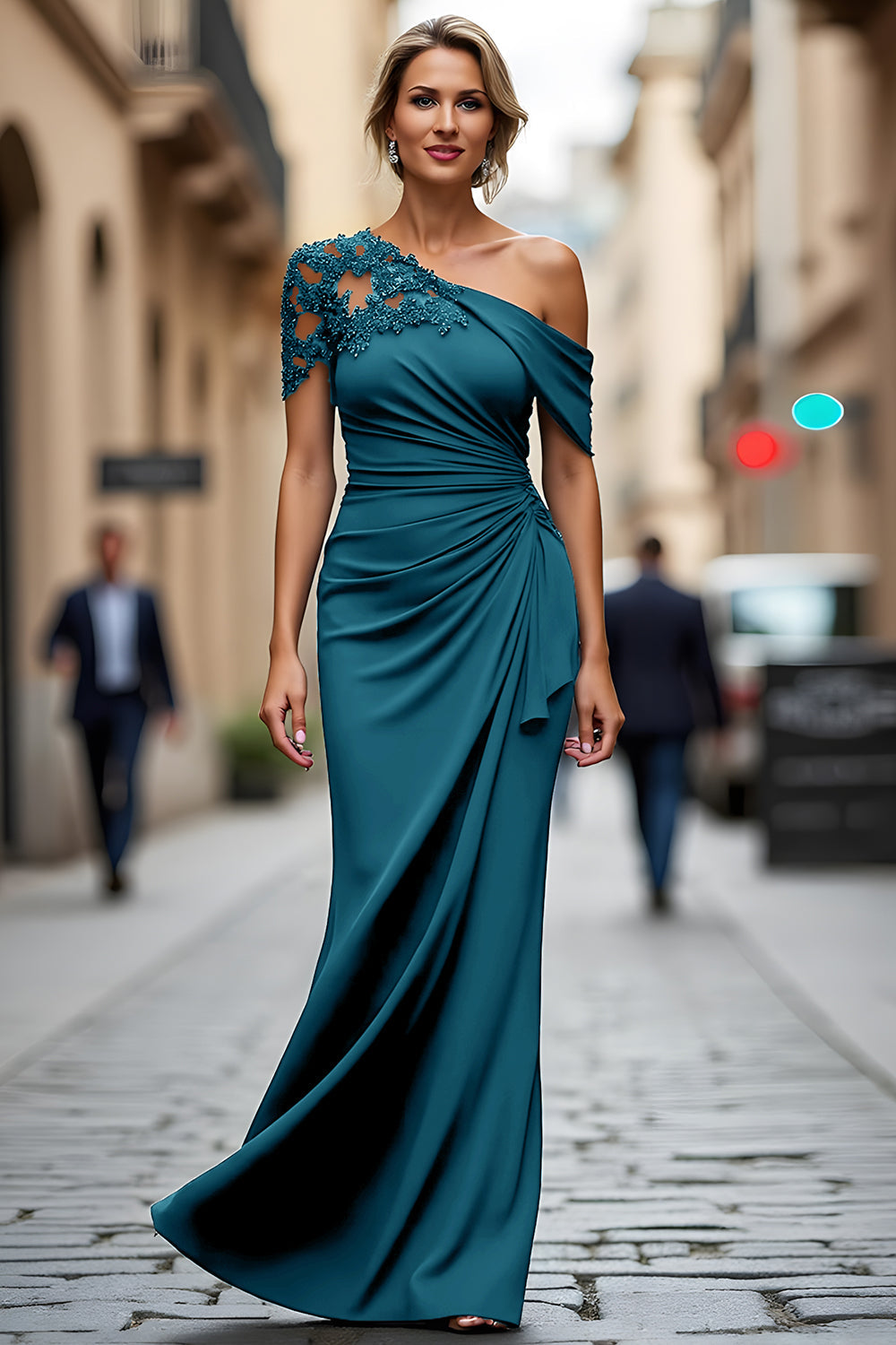 One Shoulder Black Mermaid Appliqued Mother Of The Bride Dress
