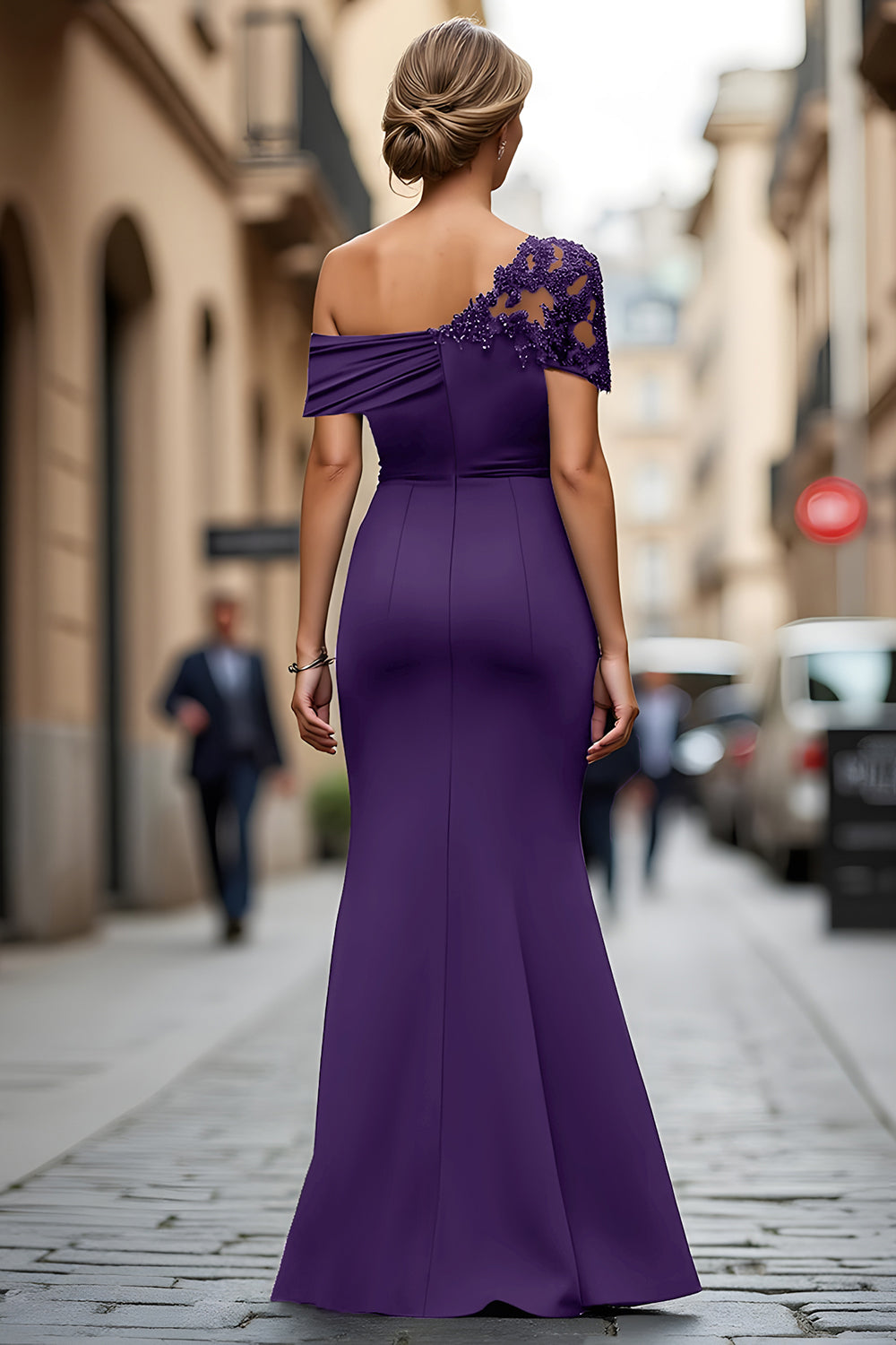 One Shoulder Black Mermaid Appliqued Mother Of The Bride Dress