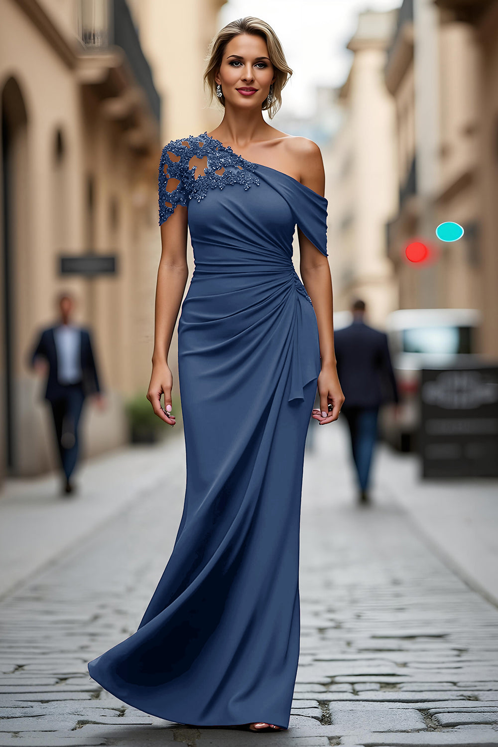 One Shoulder Black Mermaid Appliqued Mother Of The Bride Dress