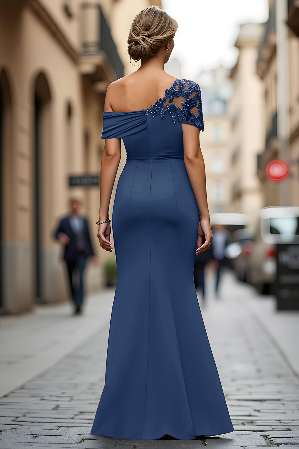 One Shoulder Black Mermaid Appliqued Mother Of The Bride Dress