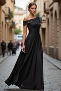 Black A-Line One Shoulder Appliqued Mother Of The Bride Dress