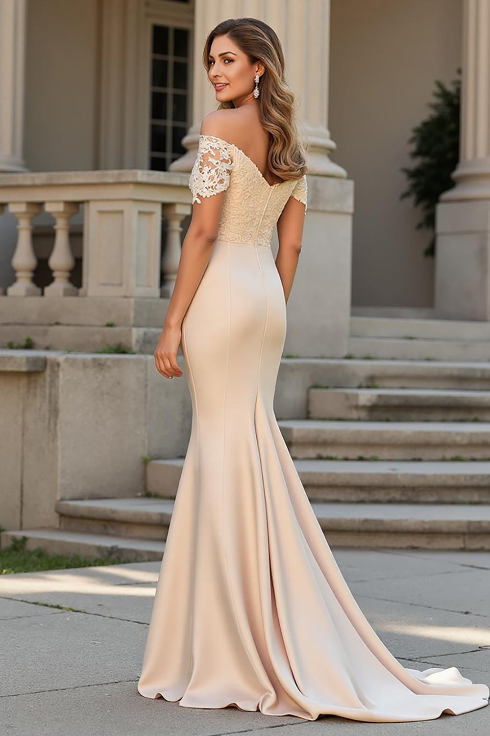 Off The Shoulder Champagne Mermaid Mother Of The Bride Dress With Appliques