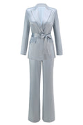 Dusty Blue Satin 2-Piece Women Work Suits With Sash