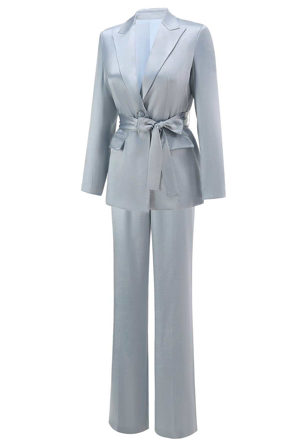 Dusty Blue Satin 2-Piece Women Work Suits With Sash