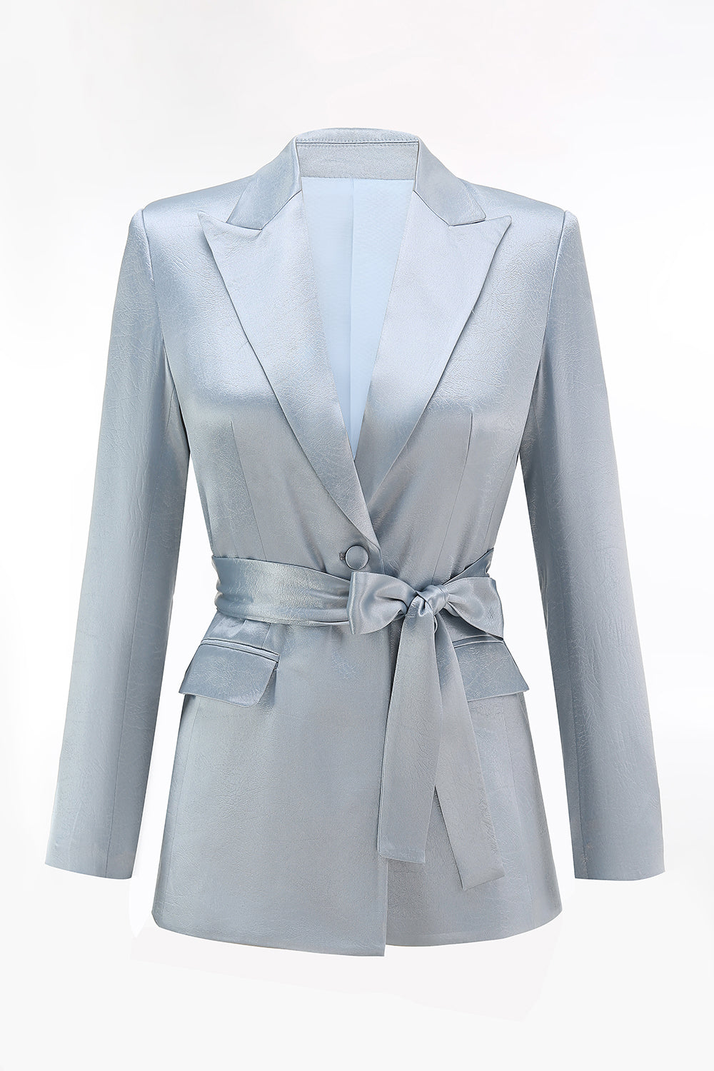 Dusty Blue Satin 2-Piece Women Work Suits With Sash