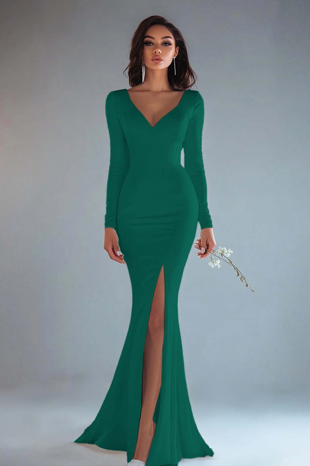 Mermaid Ivory Long Sleeve Wedding Dress with Slit