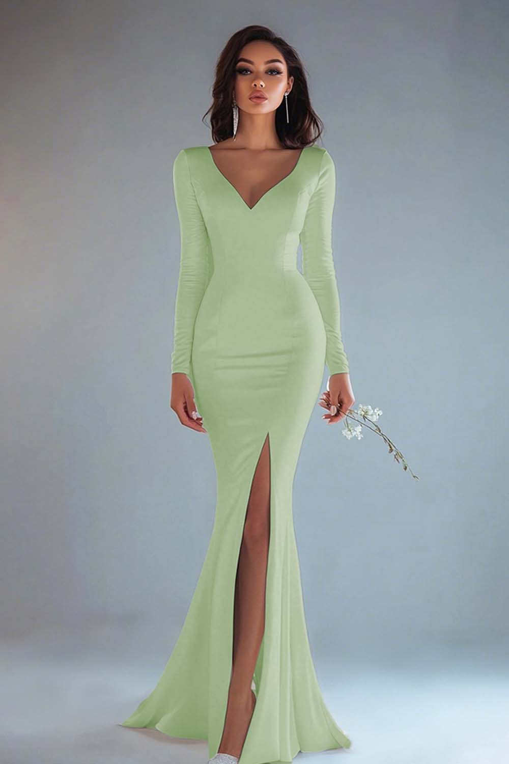 Mermaid Ivory Long Sleeve Wedding Dress with Slit