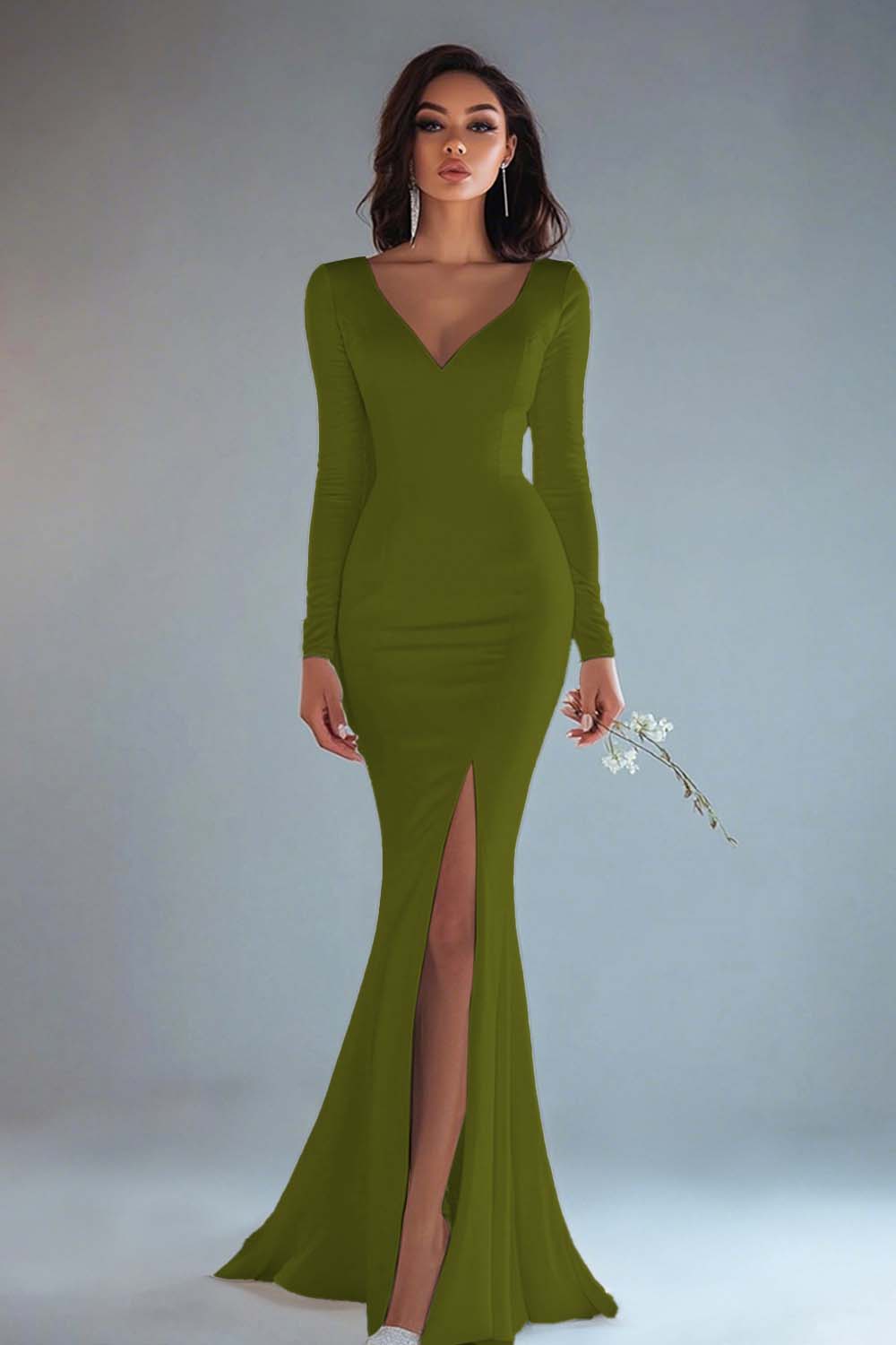 Mermaid Ivory Long Sleeve Wedding Dress with Slit