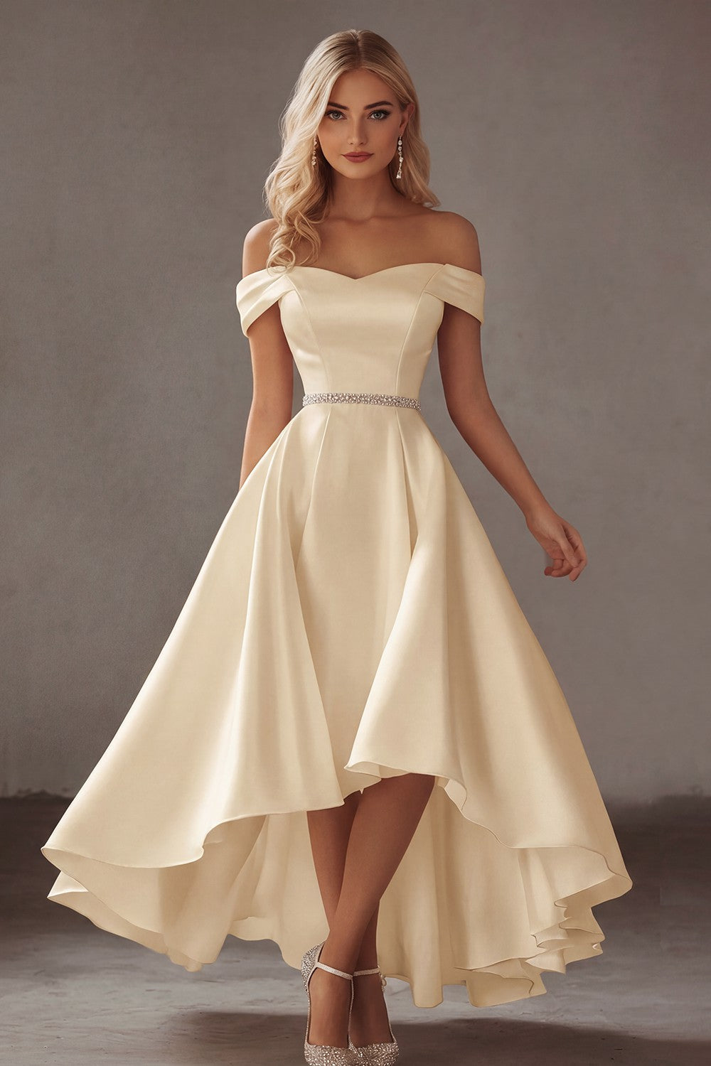 Off The Shoulder Ivory A Line High Low Wedding Dress