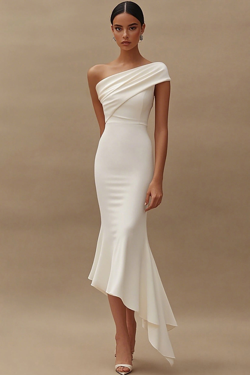 Ivory One Shoulder Mermaid Asymmetrical Engagement Dress