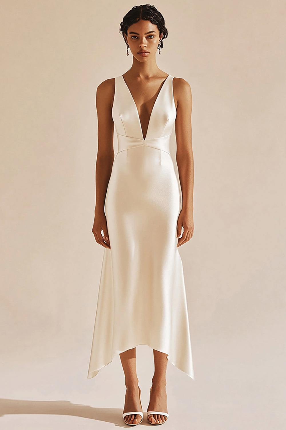 Ivory Satin V-Neck Midi Engagement Dress