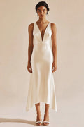 Ivory Satin V-Neck Midi Engagement Dress