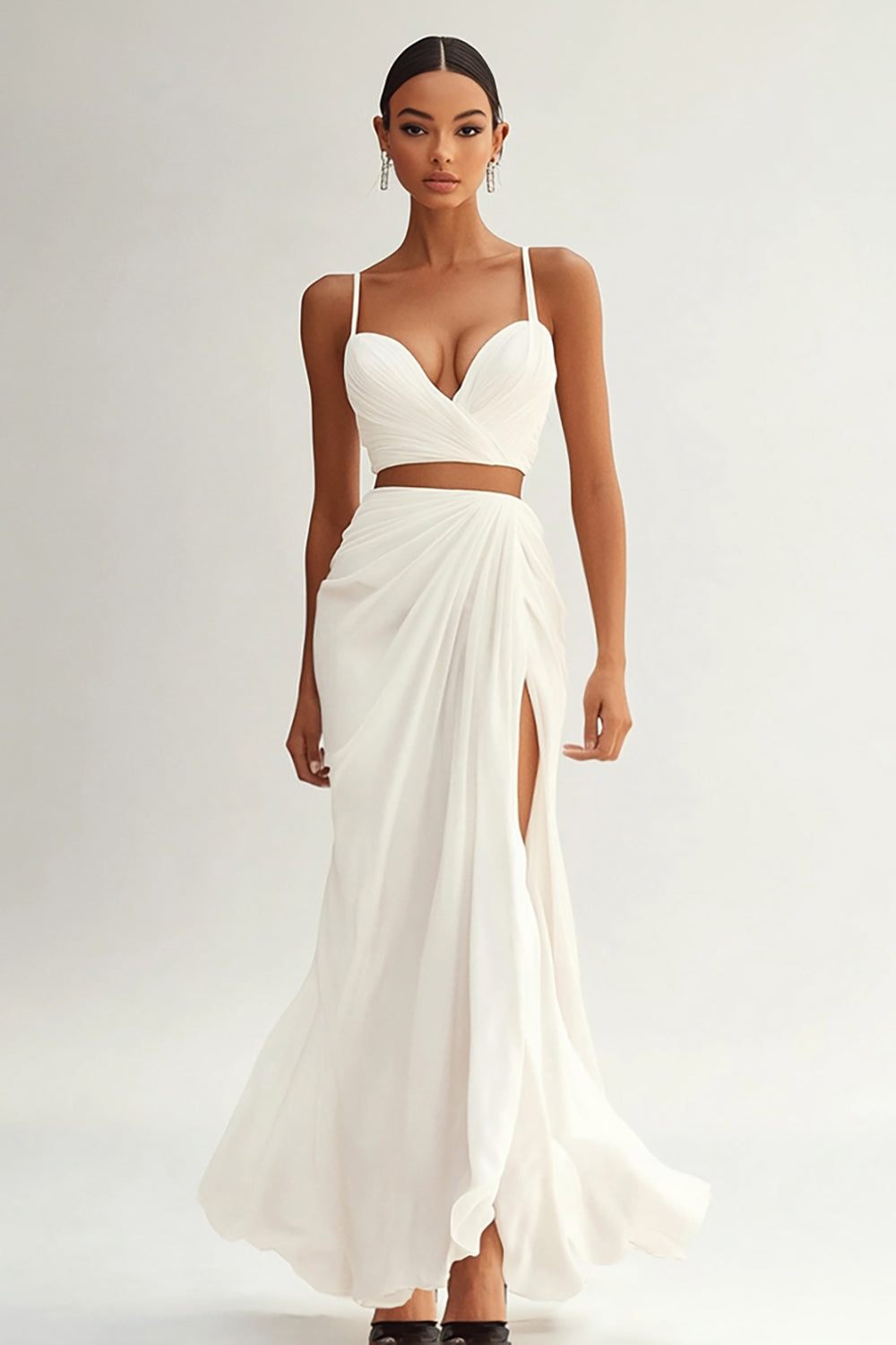 Mermaid Spaghetti Straps 2 Piece Ivory Engagement Dress with Slit
