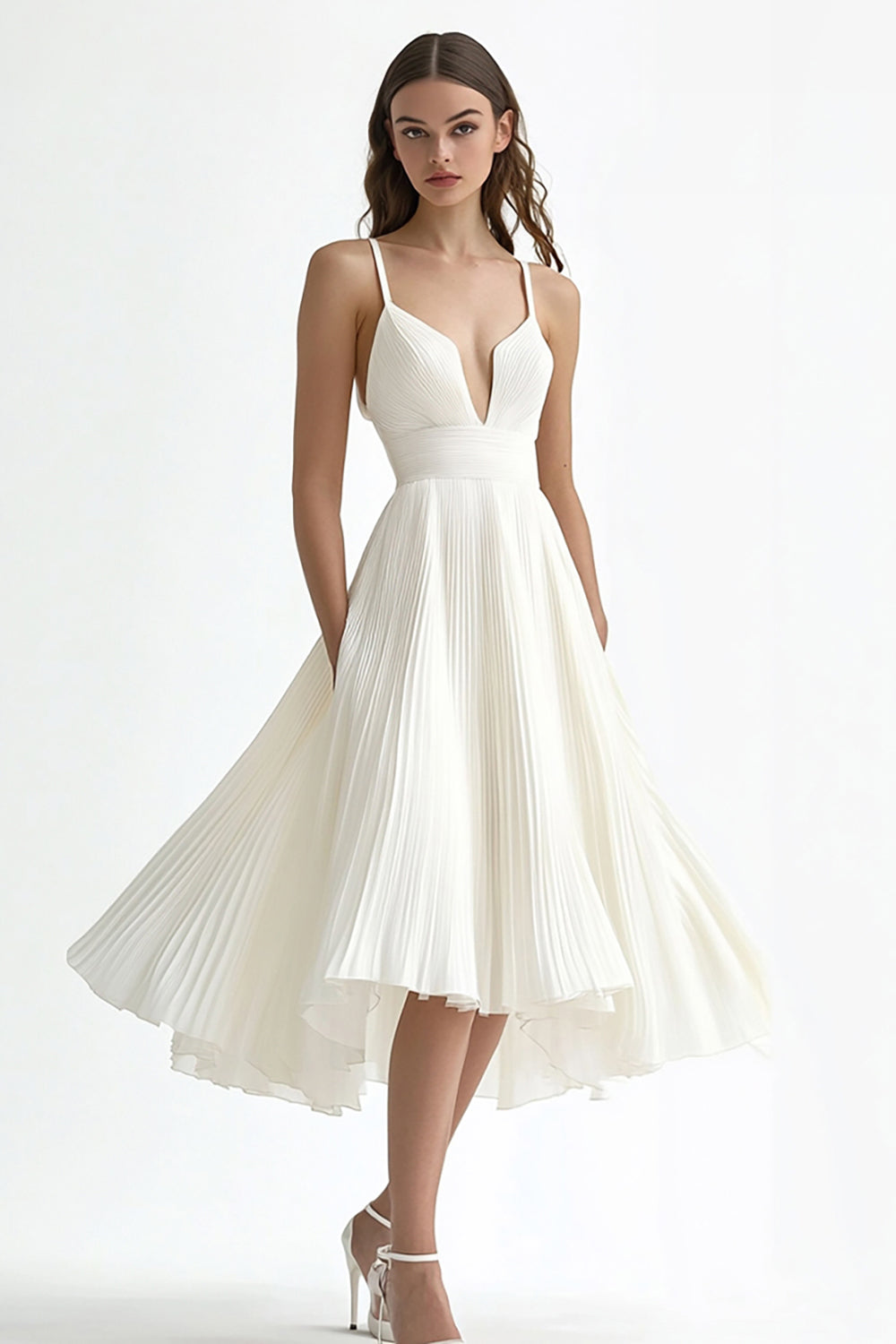 Ivory Pleated A Line Spaghetti Straps Midi Graduation Dress