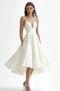 Ivory Pleated A Line Spaghetti Straps Midi Graduation Dress