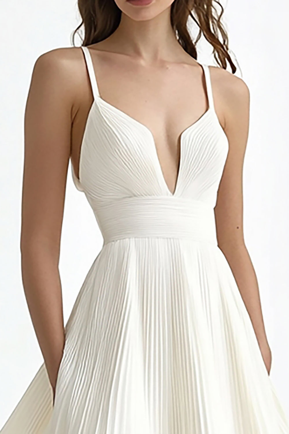 Ivory Pleated A Line Spaghetti Straps Midi Graduation Dress