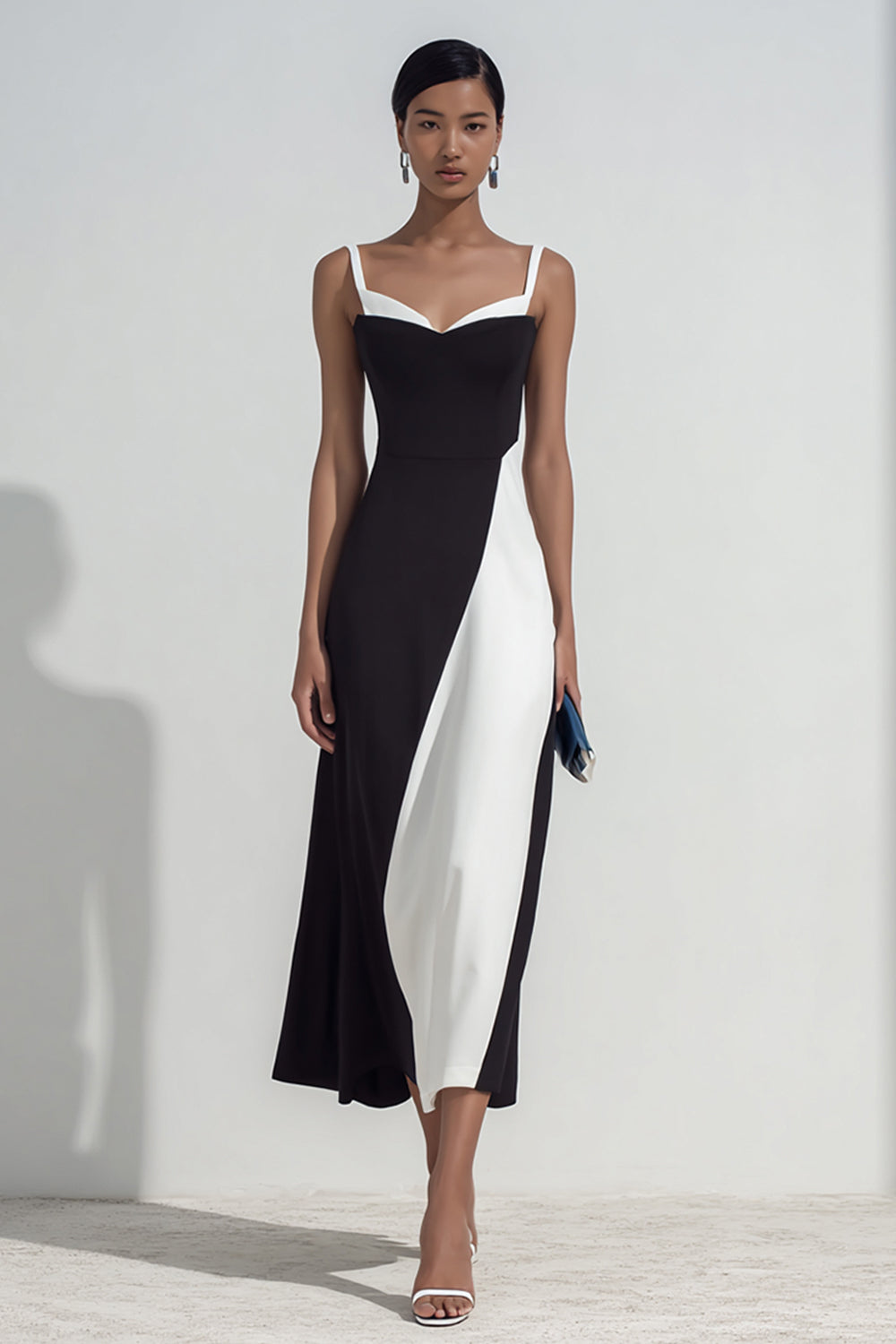 Simple Sheath Spaghetti Straps Midi Black and White Dress