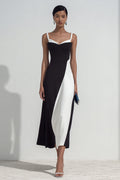 Simple Sheath Spaghetti Straps Midi Black and White Dress