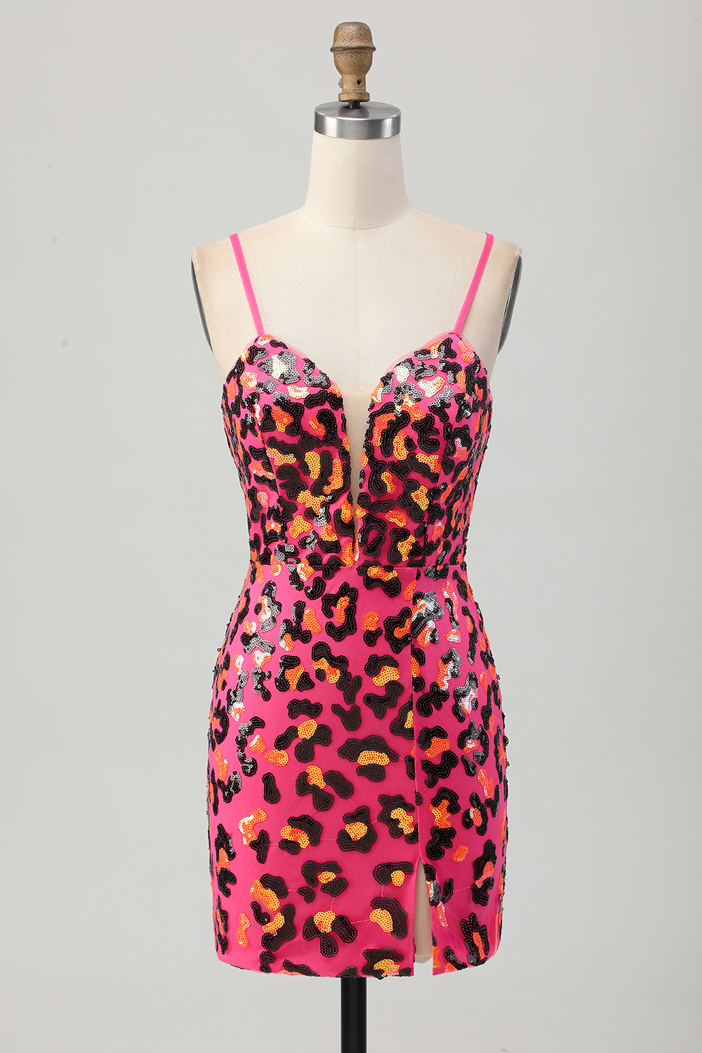 Sparkly Fuchsia Spaghetti Straps Bodycon Homecoming Dress with Slit