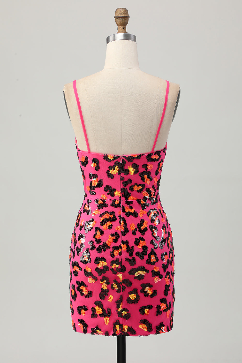 Sparkly Fuchsia Spaghetti Straps Bodycon Homecoming Dress with Slit
