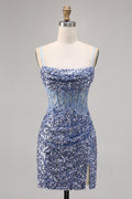 Sparkly Grey Blue Corset Homecoming Dress with Slit