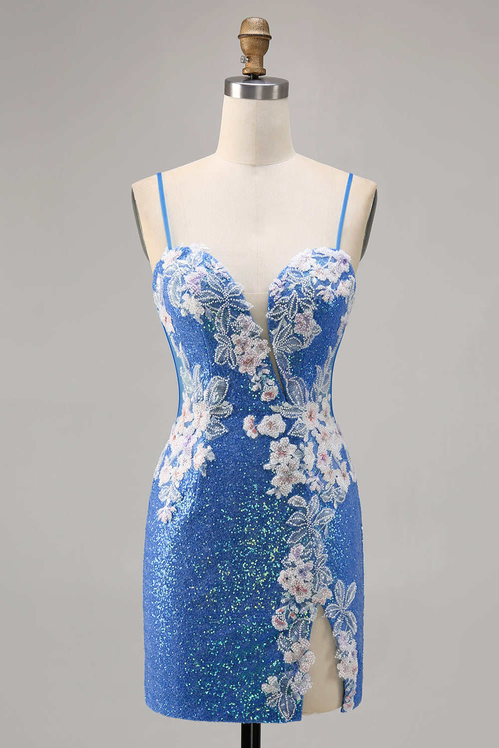Floral Blue Sequin Tight Homecoming Dress with Slit