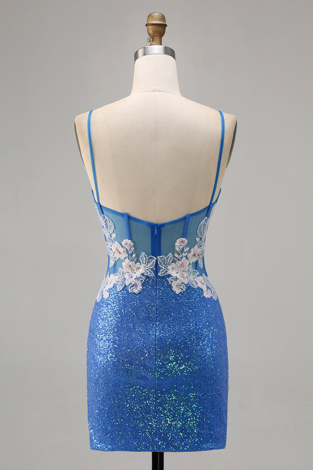 Floral Blue Sequin Tight Homecoming Dress with Slit