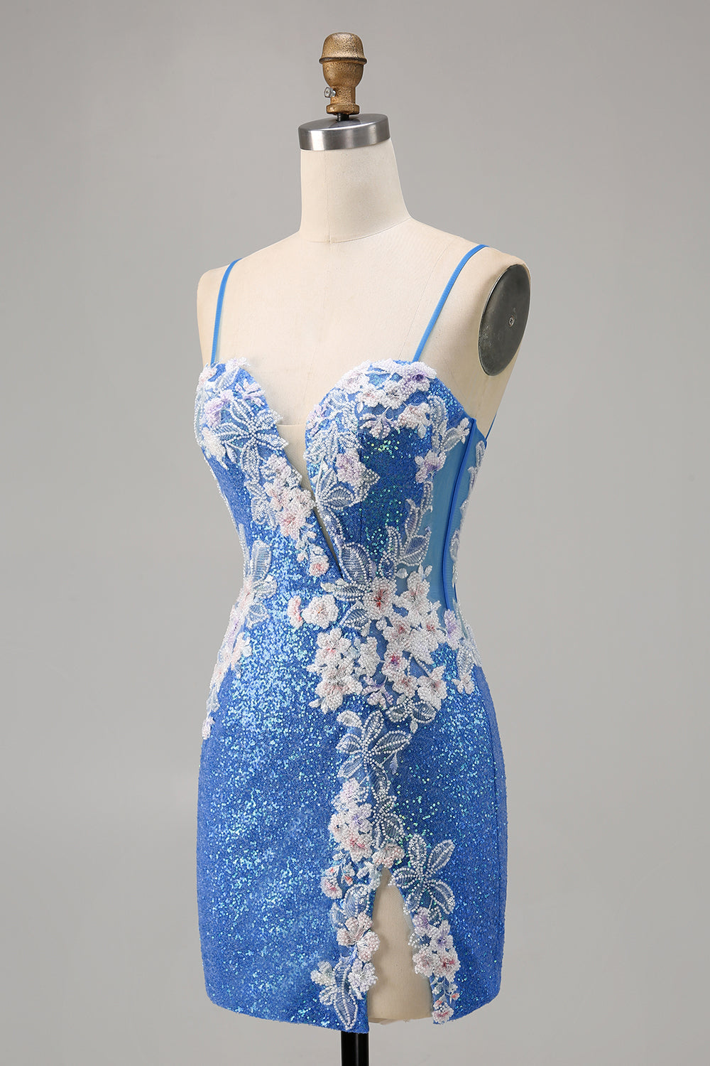 Floral Blue Sequin Tight Homecoming Dress with Slit
