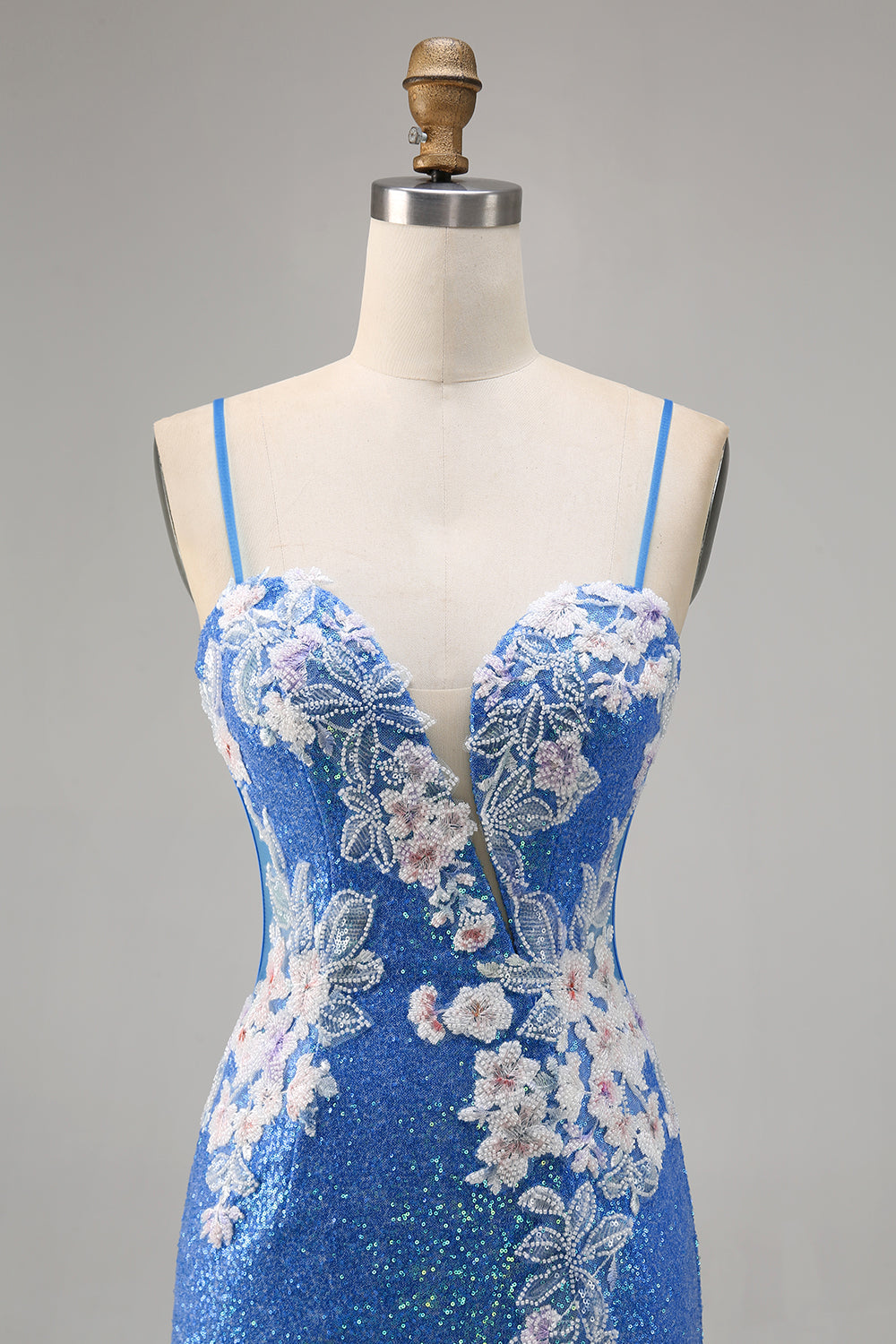 Floral Blue Sequin Tight Homecoming Dress with Slit