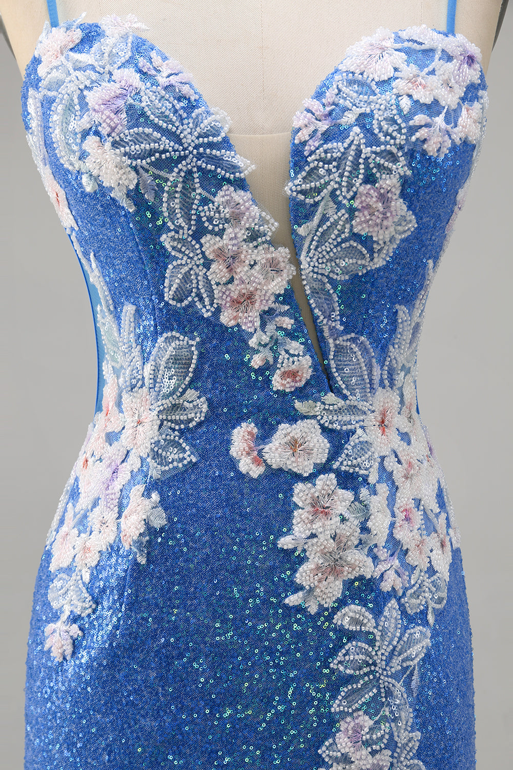 Floral Blue Sequin Tight Homecoming Dress with Slit