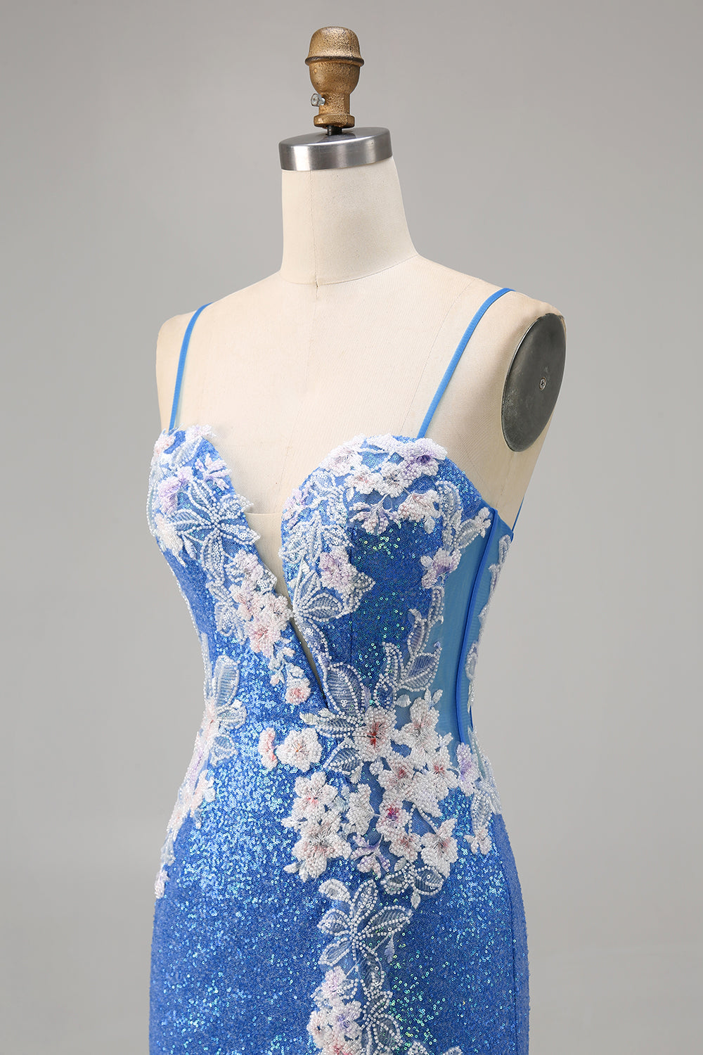Floral Blue Sequin Tight Homecoming Dress with Slit