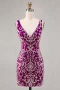 Fuchsia V-Neck Sequin Tight Homecoming Dress