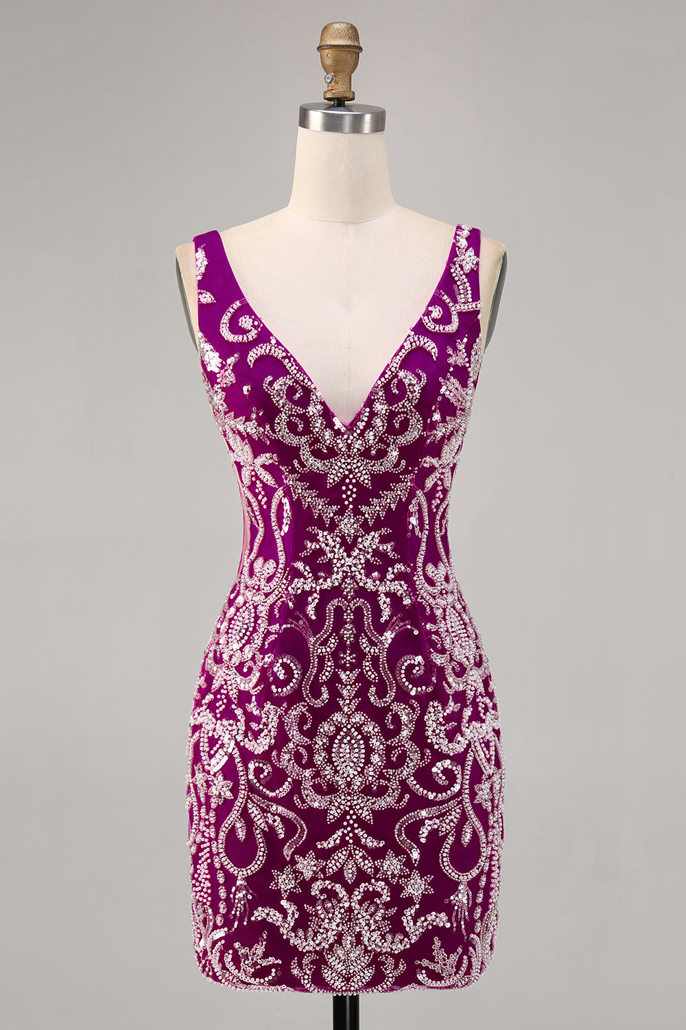 Fuchsia V-Neck Sequin Tight Homecoming Dress