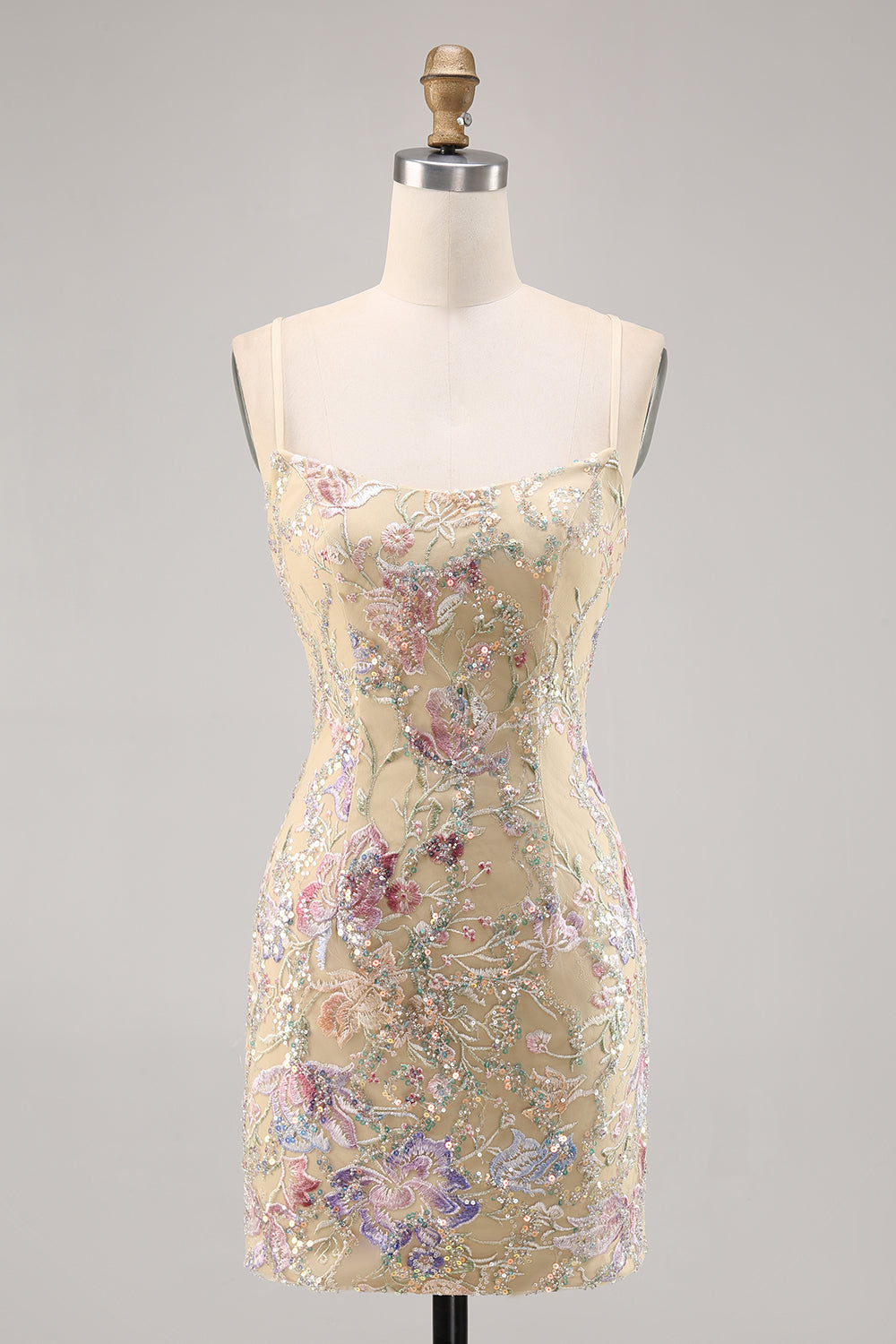 Bodycon Apricot Spaghetti Straps Embroidered Homecoming Dress