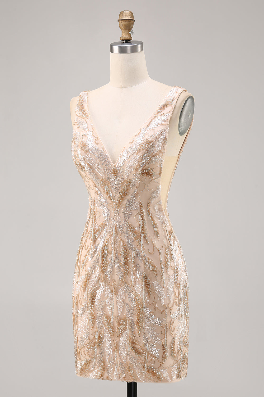 Champagne V-Neck Tight Homecoming Dress with Sequins