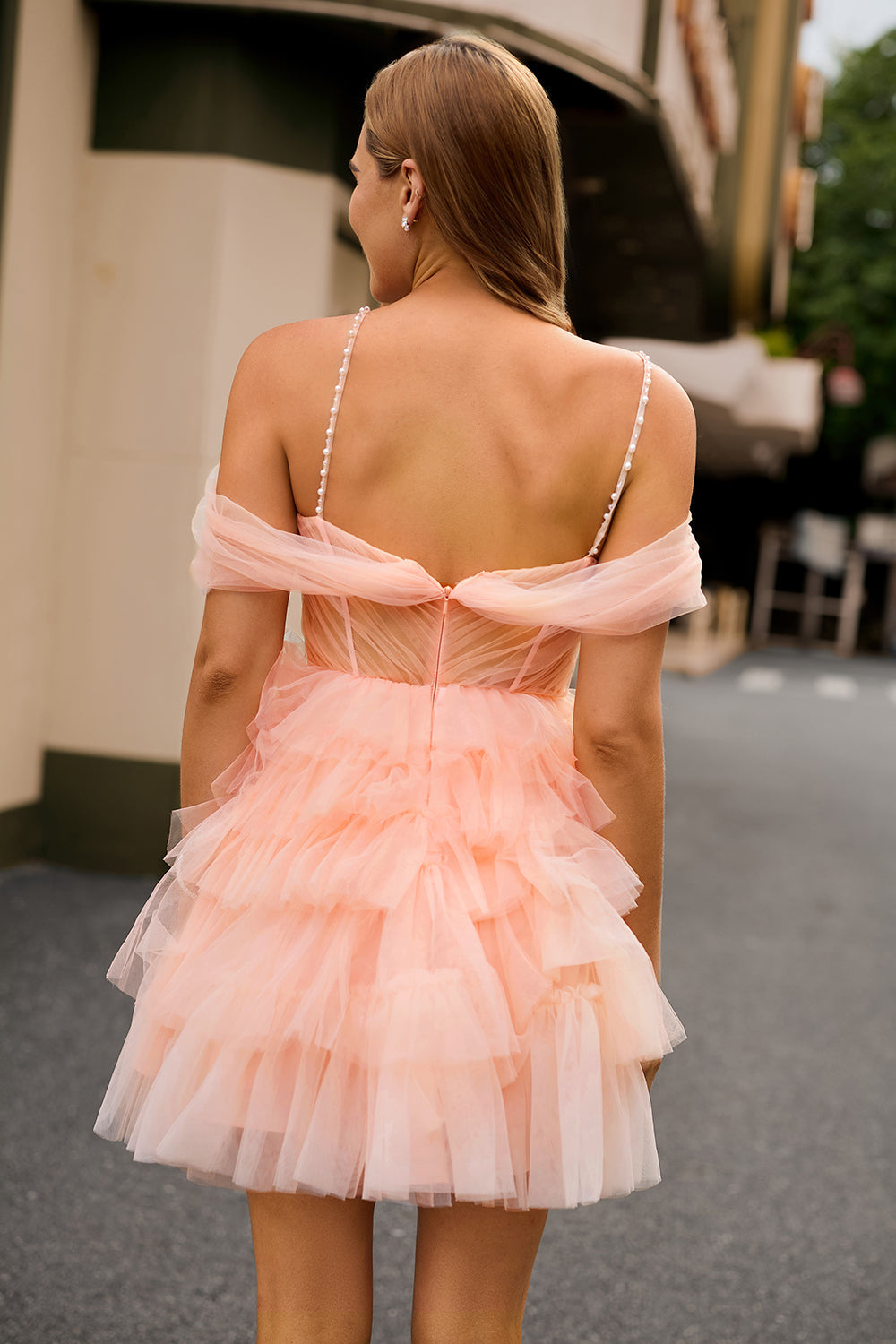 Blush A-Line Cold Shoulder Corset Homecoming Dress with 3D Flowers