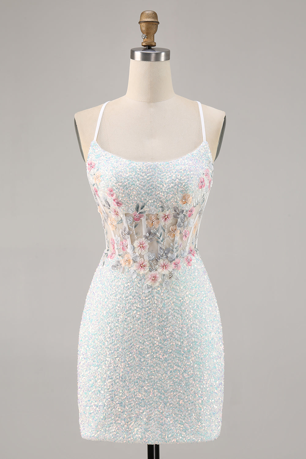White Appliqued Corset Homecoming Dress with Sequins