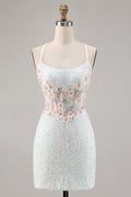 White Appliqued Corset Homecoming Dress with Sequins