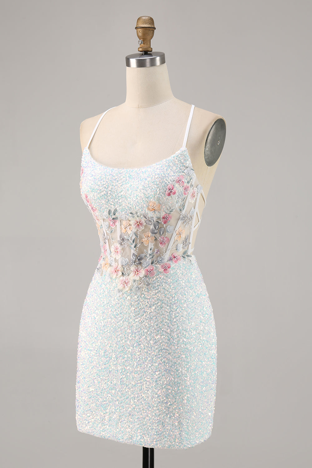 White Appliqued Corset Homecoming Dress with Sequins