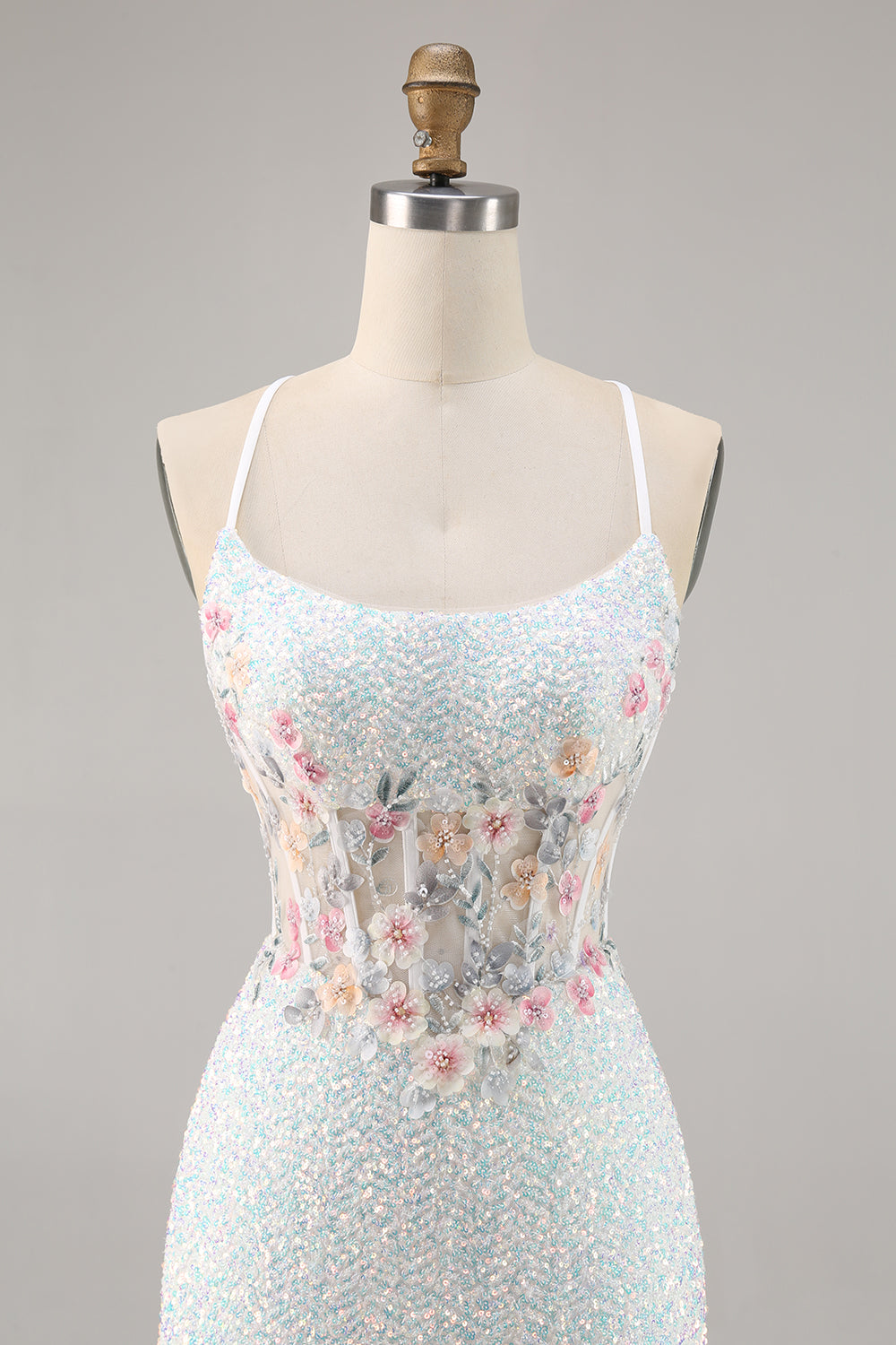 White Appliqued Corset Homecoming Dress with Sequins