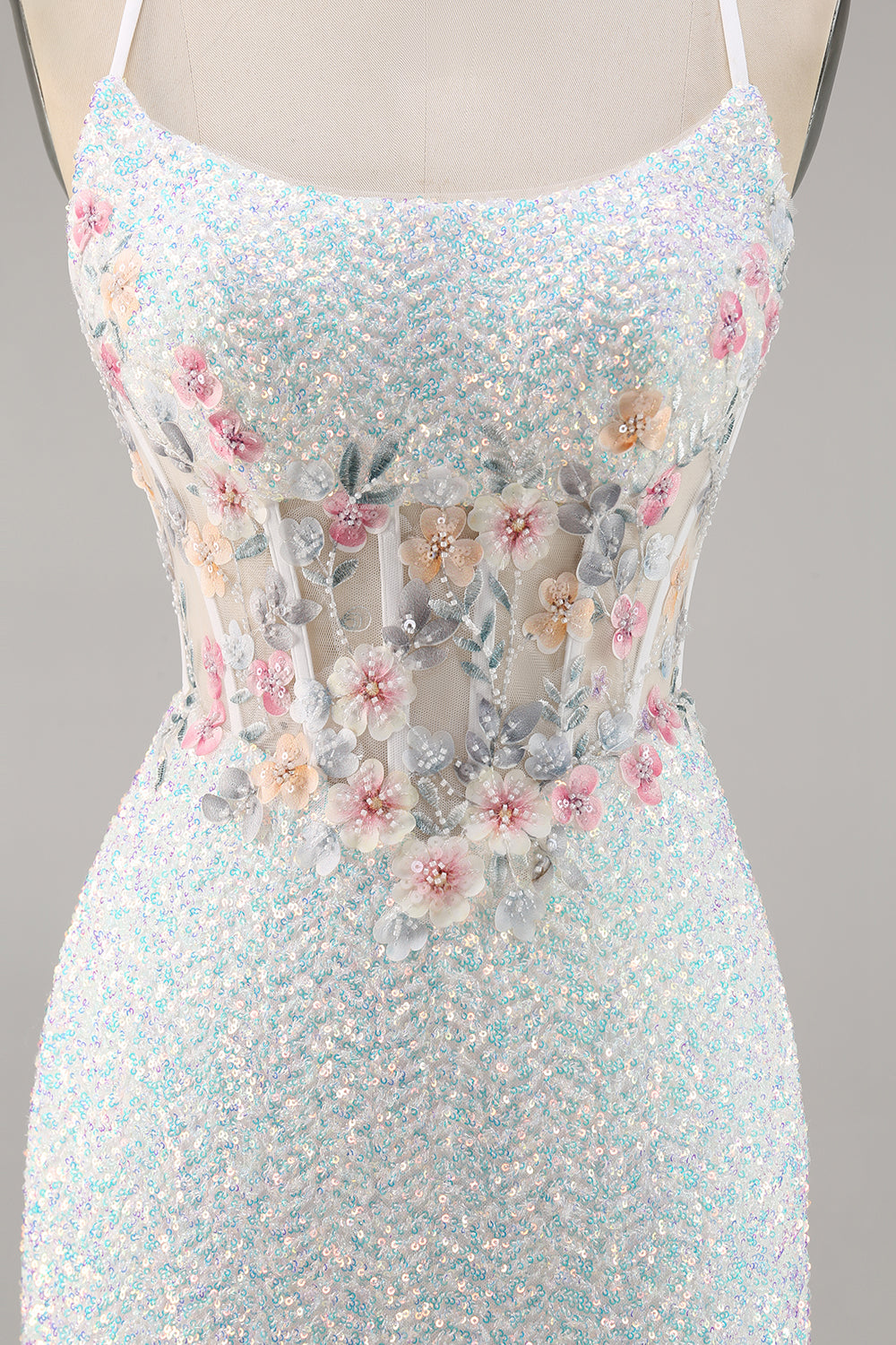 White Appliqued Corset Homecoming Dress with Sequins