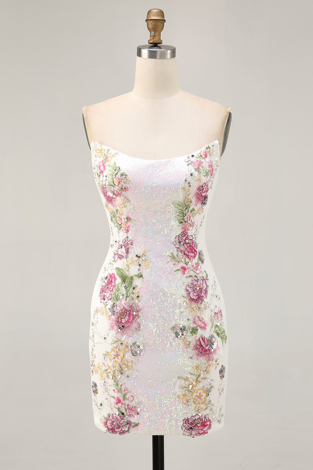 White Flower Strapless Bodycon Homecoming Dress With Sequins