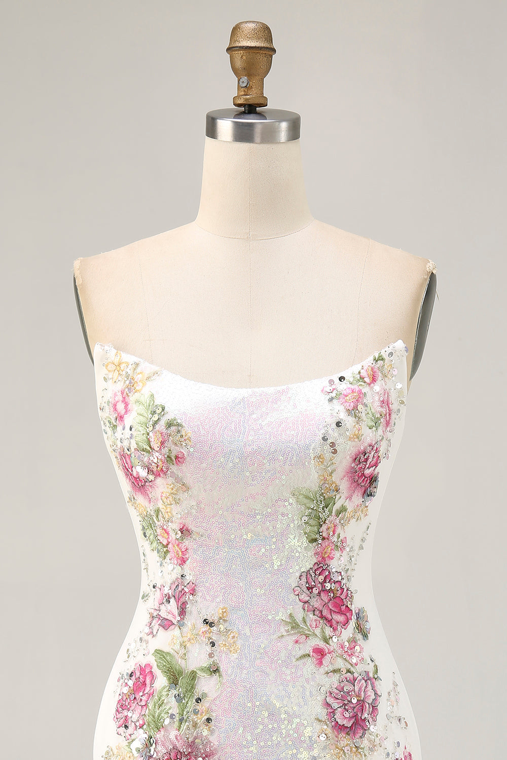 Sparkly Bodycon Strapless White Flower Homecoming Dress