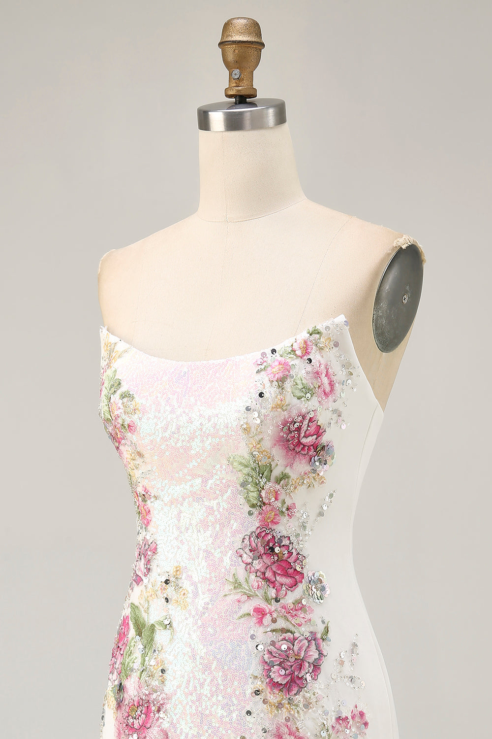 Sparkly Bodycon Strapless White Flower Homecoming Dress