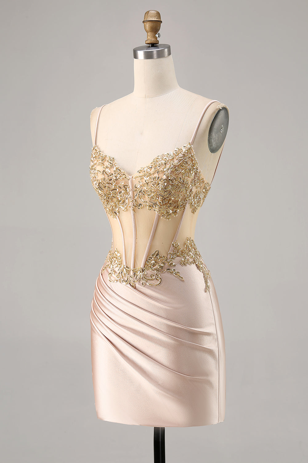 Champagne Satin Corset Homecoming Dress with Sequins