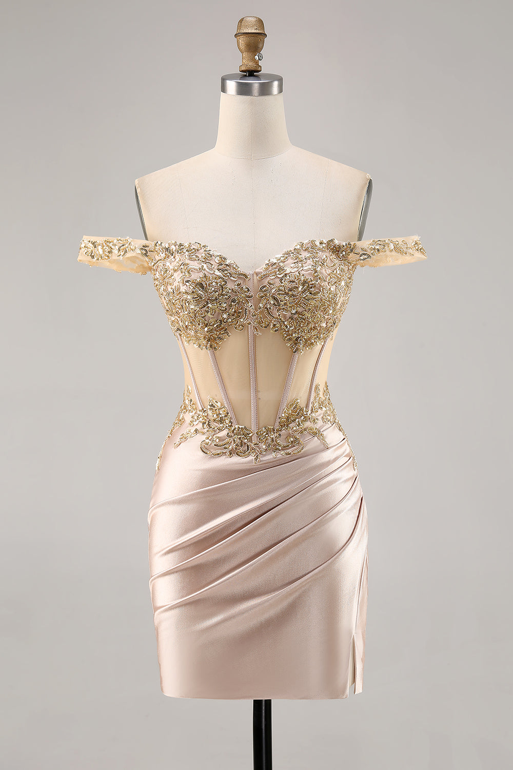 Corset Sequin Champagne Off the Shoulder Homecoming Dress with Slit
