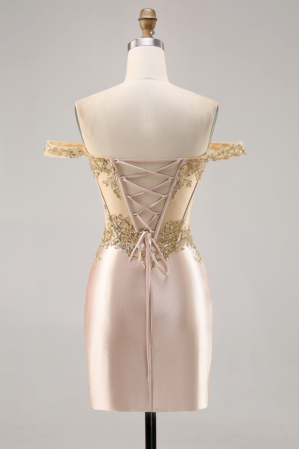 Corset Sequin Champagne Off the Shoulder Homecoming Dress with Slit